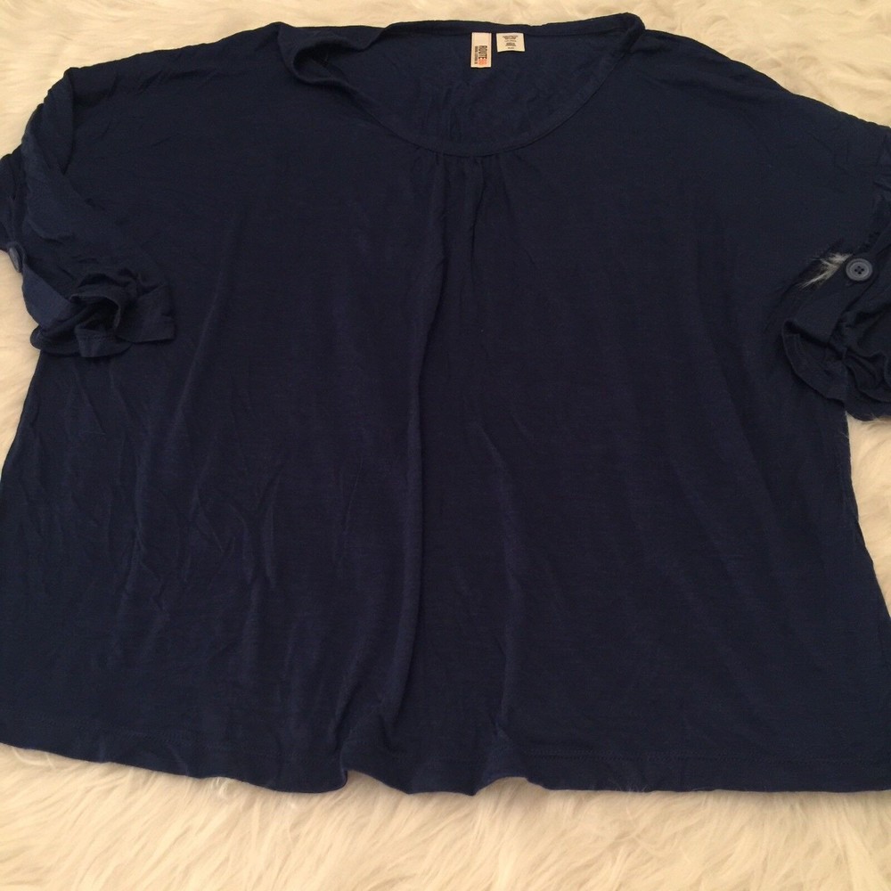 Route 66 Navy Blue Modal Roll Tab Sleeve Pleated Scoop Neck Top Womens XL